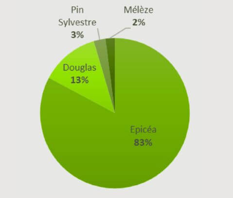 Consommation de bois rond résineux par essence en 2020 (total 2,7 millions de m³/an)